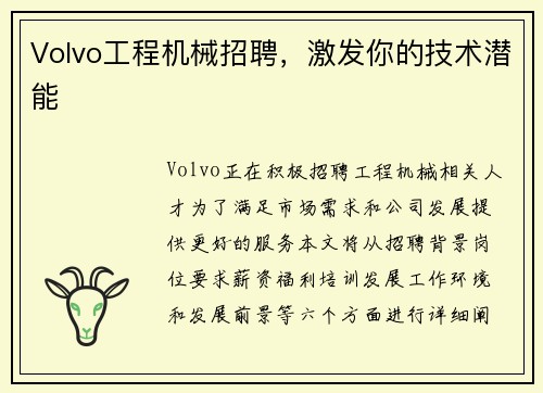 Volvo工程机械招聘，激发你的技术潜能